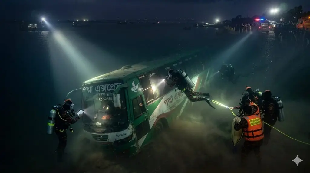 30 ফুট নিচে সন্ধান মিলল ডুবে যাওয়া যাত্রীবাহী বাসের