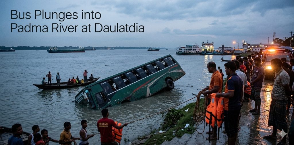 Bus plunges into Padma River at Daulatdia